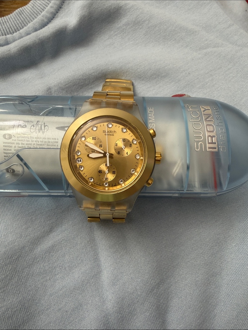 Swatch Gold-Tone Chronograph Watch with Metallic Gold Dial